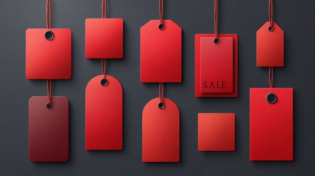 Red sale labels. Various paper discount price tags with ropes, shopping promotion pricing sign, special deal hanging label mockup  set. Big summer sale, best seller, premium quality. High quality