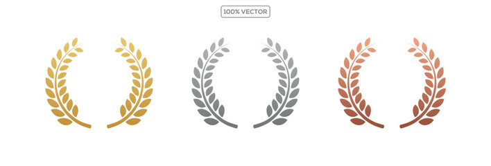 Gold, silver, bronze laurel wreaths. Winner medal award set vector illustration. Victory symbol template