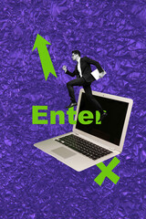 Trend artwork collage template composite sketch of young businessman walk display laptop remote...
