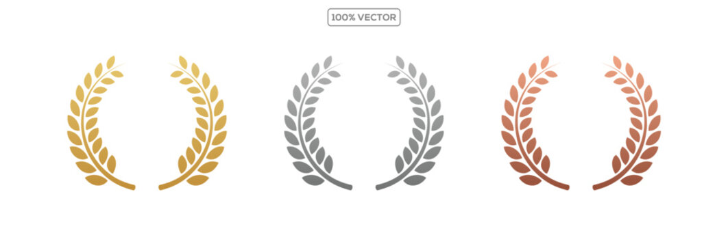 Gold, silver, bronze laurel wreaths. Winner medal award set vector illustration. Victory symbol template