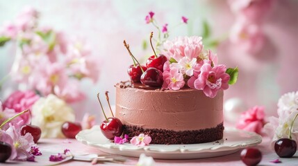 A beautiful cake. Birthday cake with chocolate and strawberries. Cake with pink and gold flowers. Colorful and Delicious Birthday cake. Happy Mother' Day. Valentine Day. Happy Birthday. Happy Wedding 