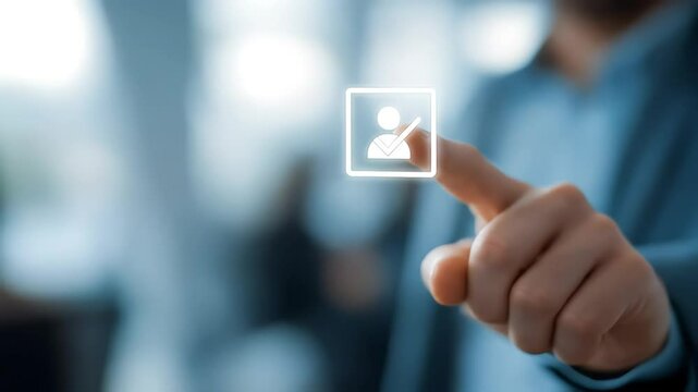 A person's finger points towards a glowing square icon with a stylized person and checkmark within it.