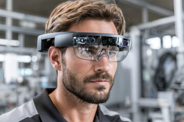 Innovative technology demonstration with augmented reality glasses in a modern workspace