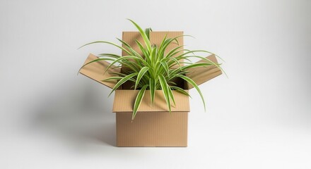 A fresh green succulent plant gift in an open brown cardboard box against a clean white background for delivery eco friendly concept