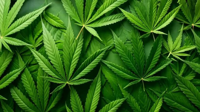 Close up of fresh green Cannabis leaves creating a vibrant and healthy botanical plant background in natural sunlight, full frame