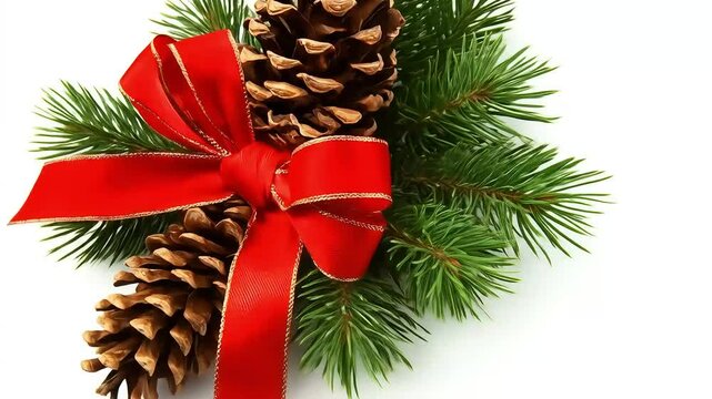 A pine cone adorned with a glossy red ribbon is placed against a sprig of fresh green pine needles.