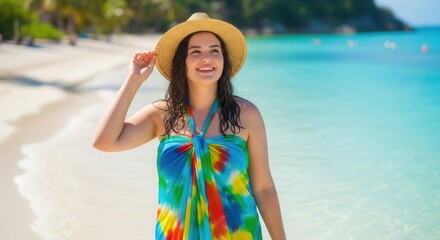 Happy caucasian woman in straw hat colorful dress tropical beach turquoise ocean water enjoying summer vacation holiday