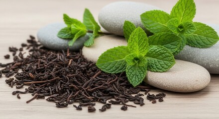 Fresh green mint leaves with dried tea and smooth white spa stones for aromatherapy herbal medicine and wellness on a white background
