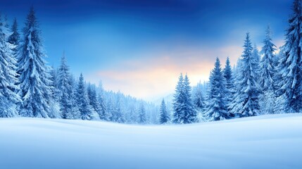 Naklejka premium Serene winter landscape with snow-covered trees and a soft sunrise in the background