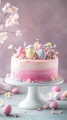 Easter-themed cake. Small Easter eggs on top of the cake. Easter cake decorations. Colorful and Delicious Birthday cake. Beautiful cake. Valentine Day. Happy Birthday. Happy Wedding