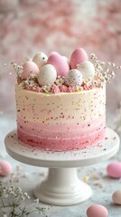 Easter-themed cake. Small Easter eggs on top of the cake. Easter cake decorations. Colorful and Delicious Birthday cake. Beautiful cake. Valentine Day. Happy Birthday. Happy Wedding