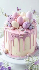 Easter-themed cake. Small Easter eggs on top of the cake. Easter cake decorations. Colorful and Delicious Birthday cake. Beautiful cake. Valentine Day. Happy Birthday. Happy Wedding