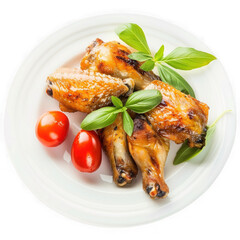 Delicious grilled chicken wings with basil and tomatoes isolated on transparent background