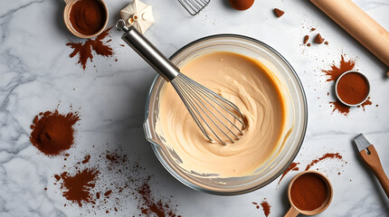 Pastry chef whisking cream in glass bowl, surrounded by cocoa powder and kitchen utensils