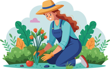 Woman gardening planting flowers in a garden with plants and vegetables