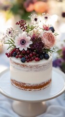 White cake with flowers and berries on top. Birthday cake. Colorful and Delicious Birthday cake. Beautiful cake. Happy Mother's Day. Valentine Day. Happy Birthday. Happy Wedding