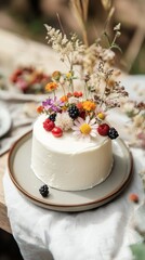 White cake with flowers and berries on top. Birthday cake. Colorful and Delicious Birthday cake. Beautiful cake. Happy Mother's Day. Valentine Day. Happy Birthday. Happy Wedding