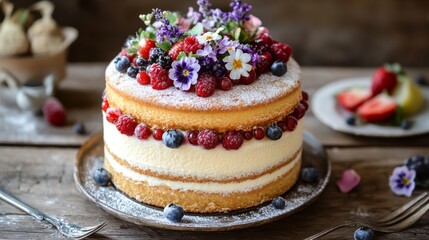 White cake with flowers and berries on top. Birthday cake. Colorful and Delicious Birthday cake. Beautiful cake. Happy Mother's Day. Valentine Day. Happy Birthday. Happy Wedding