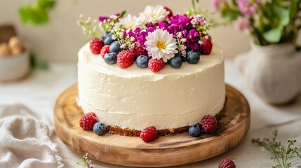 White cake with flowers and berries on top. Birthday cake. Colorful and Delicious Birthday cake. Beautiful cake. Happy Mother's Day. Valentine Day. Happy Birthday. Happy Wedding