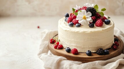 White cake with flowers and berries on top. Birthday cake. Colorful and Delicious Birthday cake. Beautiful cake. Happy Mother's Day. Valentine Day. Happy Birthday. Happy Wedding