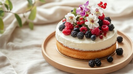 White cake with flowers and berries on top. Birthday cake. Colorful and Delicious Birthday cake. Beautiful cake. Happy Mother's Day. Valentine Day. Happy Birthday. Happy Wedding