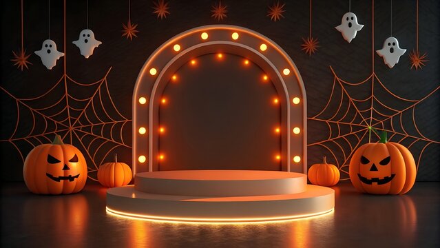 Spooky halloween stage with pumpkins ghosts and spider webs illuminated by warm lights