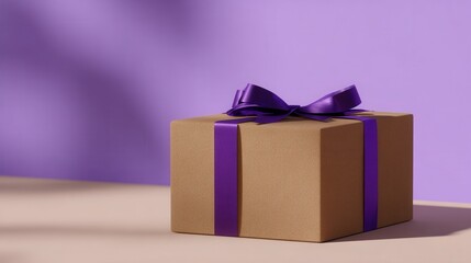 A beautifully wrapped gift box with a purple ribbon on a soft surface against a purple backdrop