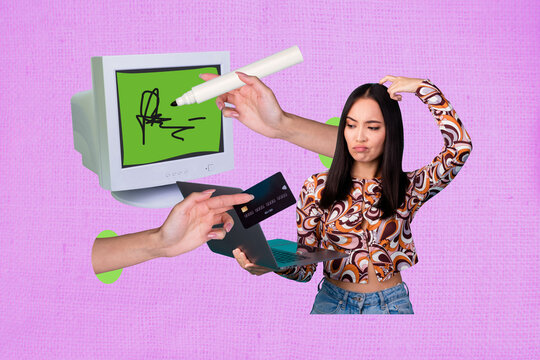 Collage of person facing online purchase issues with credit card and outdated computer monitor