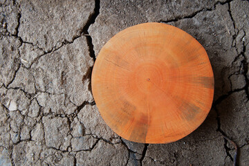 wooden podium top display for product presentation with a background of cracked dry soil