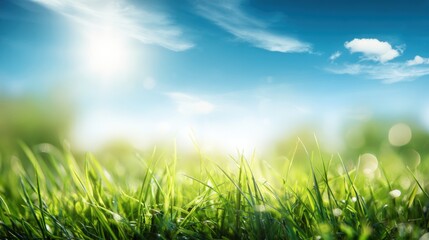 Fototapeta premium Vibrant Green Grass Field Under Bright Sunlight with Clear Blue Sky and Fluffy Clouds.