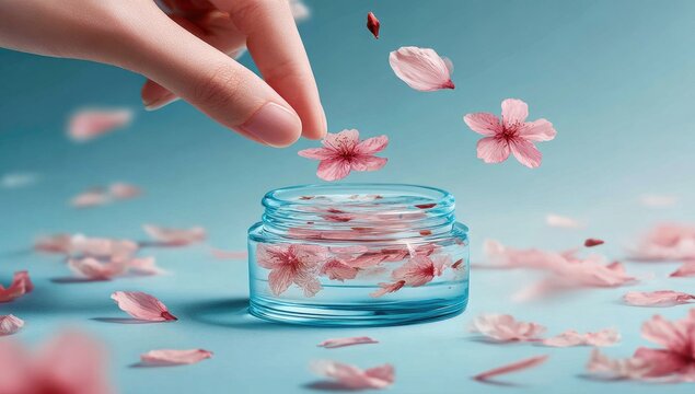 Light-blue jar with floating cherry blossoms, a hand delicately placing a blossom into it - Powered by Adobe
