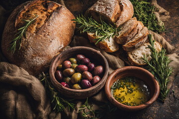 Freshly baked bread loaf with golden crust and olives, styled on fabric with dramatic light, creating an artistic food photography scene of rustic cuisine.