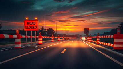 Road closed sign blocking highway at sunset with flashing lights