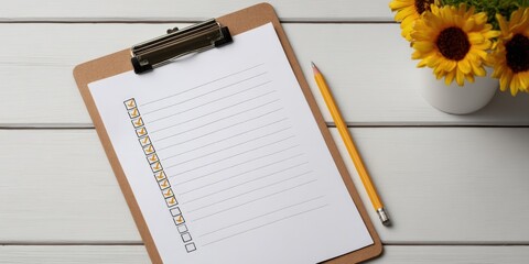 Long blank notepad on clipboard with yellow pencil and sunflower bouquet on white wooden table.