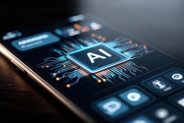 Close up of smartphone with artificial intelligence AI application interface on screen.