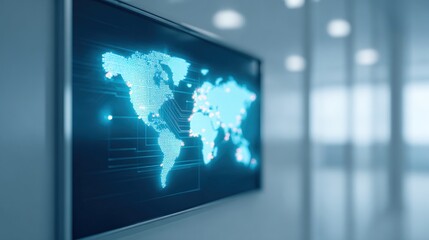 Modern digital world map display with glowing holographic interface in futuristic office.