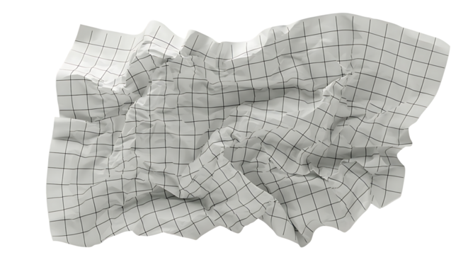 Crumpled white paper with grid lines showcases texture and abstract design against a transparent background suitable for graphic design.