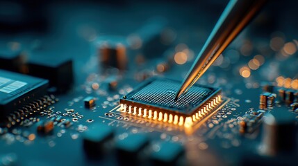 Close-up of a microchip on a circuit board with a precision tool during manufacturing.