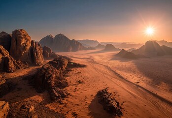 Breathtaking view of the Wadi Rum desert in Jordan, captured with a wide-angle lens and high-resolution photography. This professional-quality stock photo features stunning color grading, resulting 