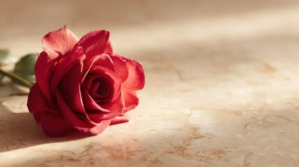 Naklejka premium Beautiful red rose with delicate petals lying on a textured beige surface with soft lighting.