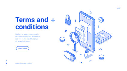 Terms and conditions agreement legal form mobile app outline isometric internet banner design template vector illustration. Approval contract document law information digital contract landing page