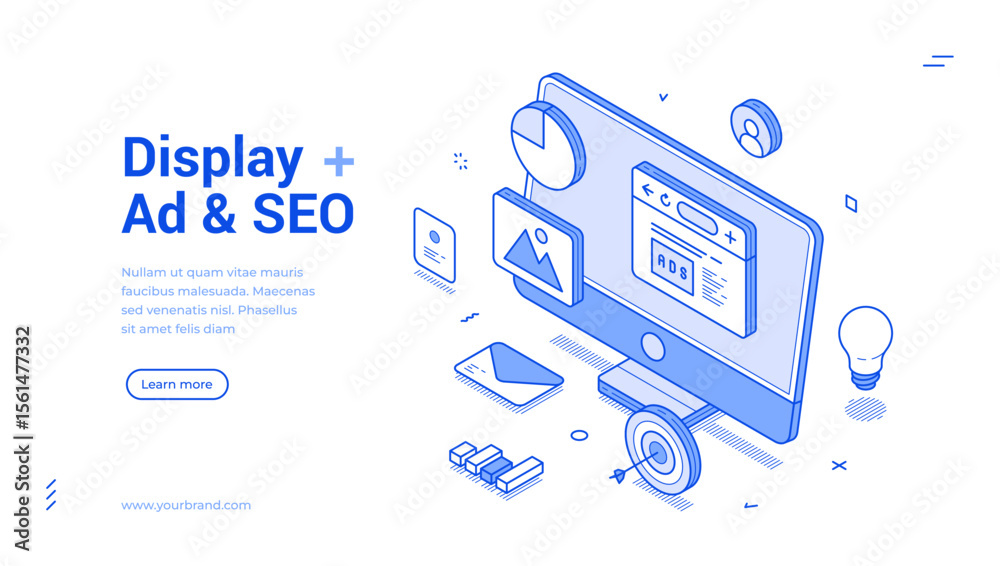 Wall mural display ad seo internet digital marketing outline isometric web banner design template vector illust