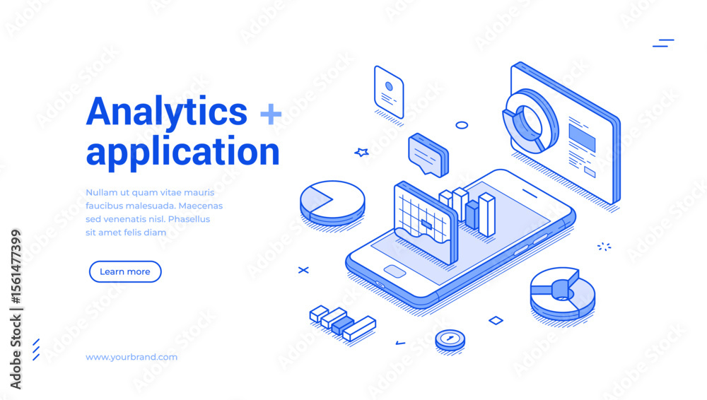 Poster analytics mobile application business data analyzing outline isometric web banner design template ve