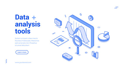 Data analysis tools statistic planning development outline isometric web banner design template vector illustration. Database business analyzing graph research infographic information landing page