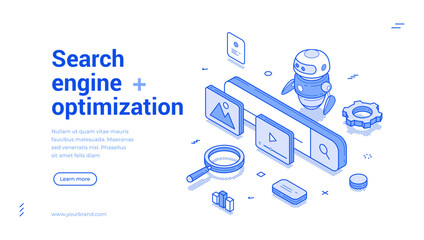 Search engine optimization SEO internet searching outline isometric web banner design template vector illustration. Online browser information social media solution cyberspace technology landing page