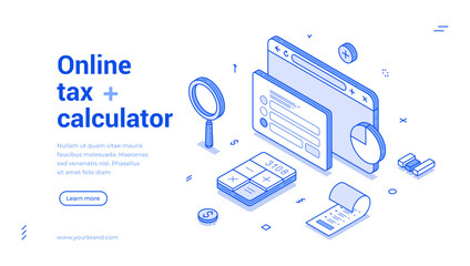Online tax calculator digital accounting bookkeeping outline isometric web banner design template vector illustration. Business financial budget balance corporate pay internet management landing page