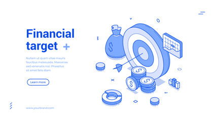 Financial target business profit efficiency productivity outline isometric web banner design template vector illustration. Finance corporate wealth management commercial achievement landing page