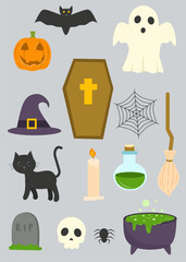 Set of Halloween icons: witch hat, cat, candle, potion, coffin, and more. Great for spooky graphics.