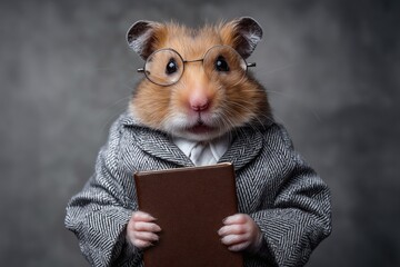 funny hamster holding book in gray room, tiny teacher standing and teaching, concept knowledge and wisdom