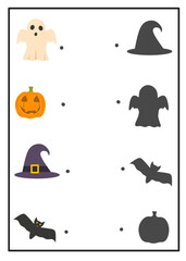 Matching shadow worksheet for kindergarten, find the correct shadow activity, halloween worksheet for kids